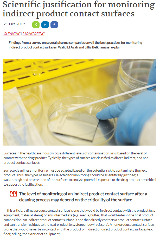 Scientific Justification for Monitoring Indirect Product Contact Surfaces